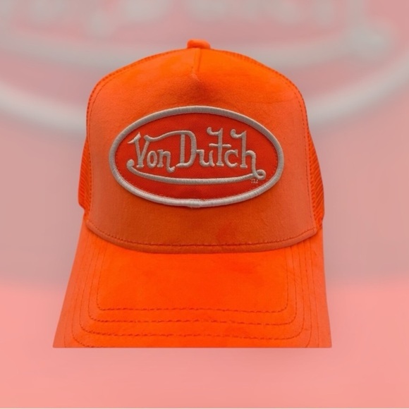 Von Dutch Neon Orange Velvet Trucker Snapback Hat Logo Patch New Streetwear - Picture 3 of 8